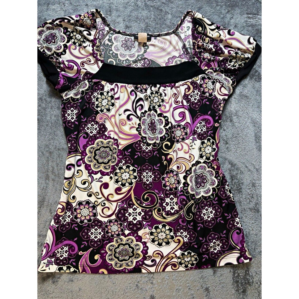 Perception Concept Purple Paisley Floral Empire Waist Top Sz L Y2K Boho Blouse
